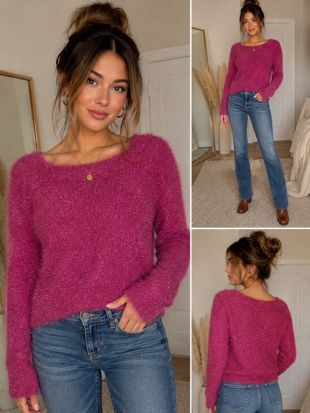 happily grey pink fuzzy sparkle sweater size medium nwt y2k glam party